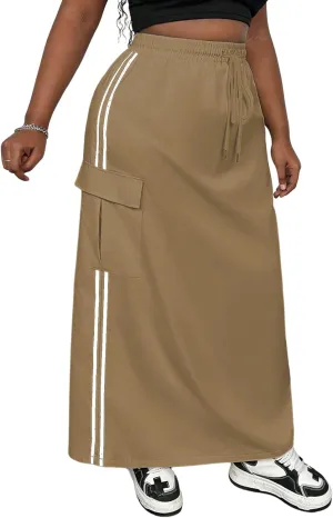 Women's Plus Size Stripe Side Cargo Skirt Drawstring Elastic Waist Maxi Long Skirts