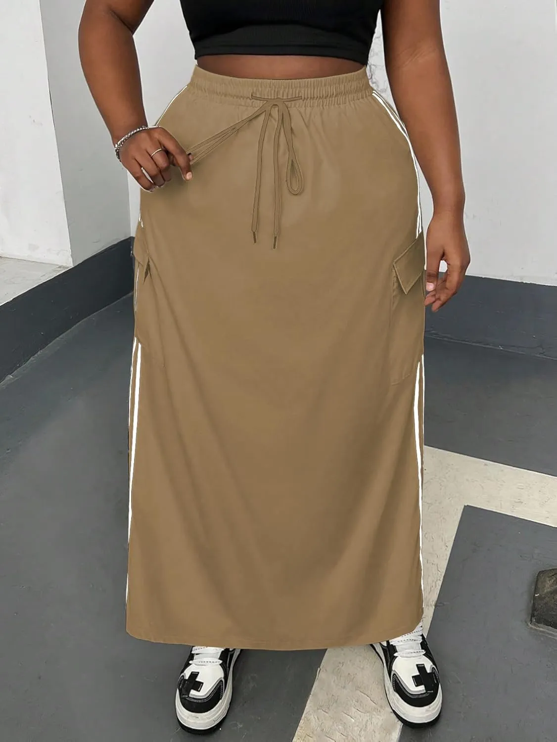 Women's Plus Size Stripe Side Cargo Skirt Drawstring Elastic Waist Maxi Long Skirts