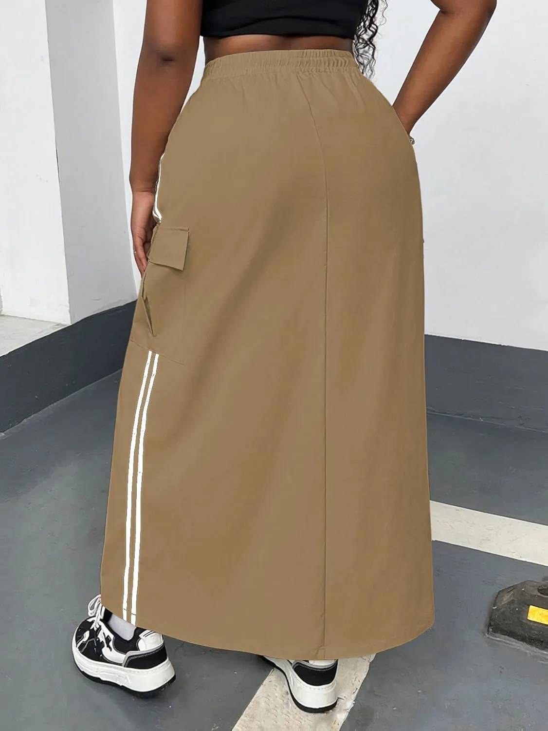 Women's Plus Size Stripe Side Cargo Skirt Drawstring Elastic Waist Maxi Long Skirts