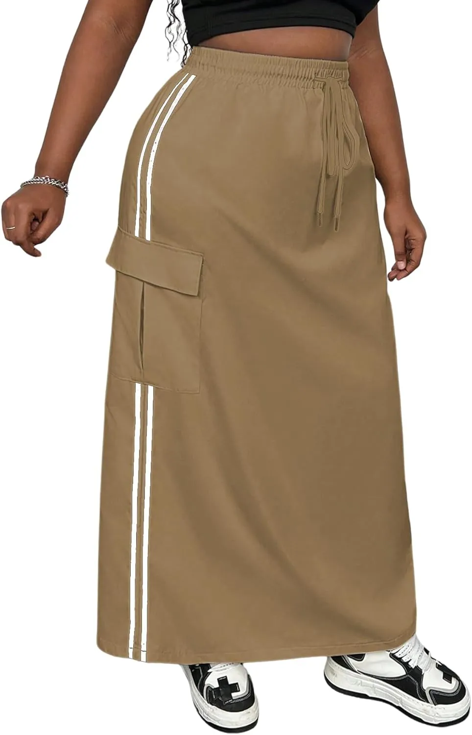 Women's Plus Size Stripe Side Cargo Skirt Drawstring Elastic Waist Maxi Long Skirts