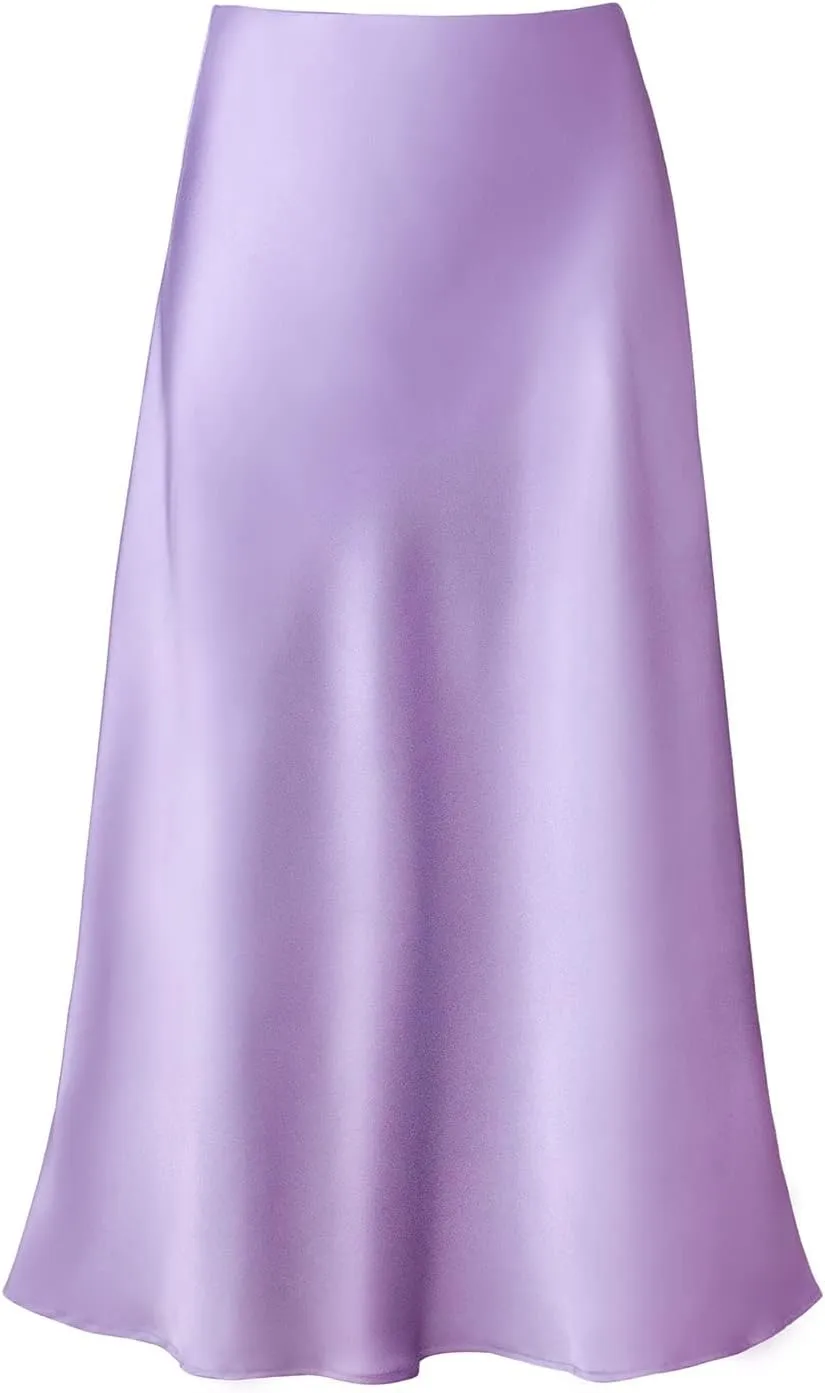 Women's Satin High Waist Hidden Elasticized Waistband Flared Casual A Line Midi Skirt