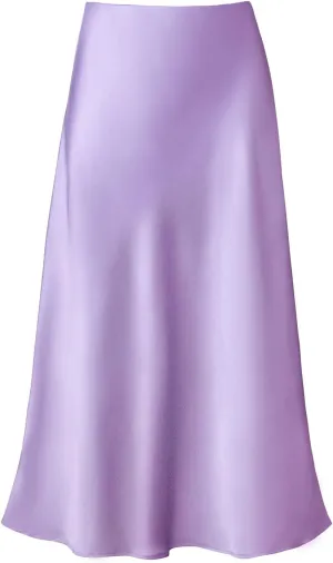 Women's Satin High Waist Hidden Elasticized Waistband Flared Casual A Line Midi Skirt