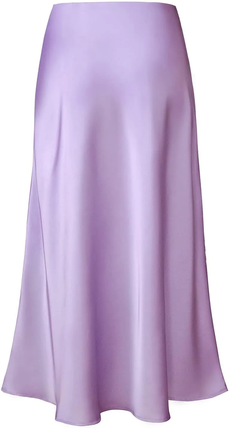 Women's Satin High Waist Hidden Elasticized Waistband Flared Casual A Line Midi Skirt