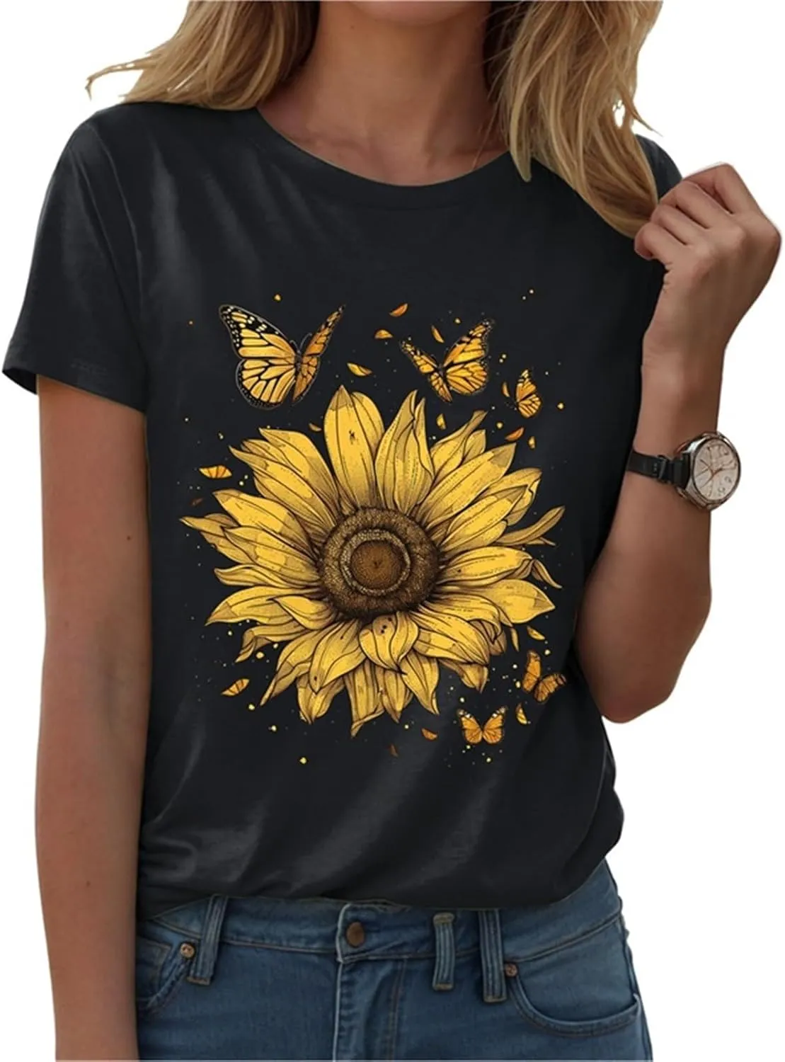 Womens Short Sleeve Round Neck Sunflower Graphic Printed Summer Tee Vintage T Shirt Casual Cotton Tops