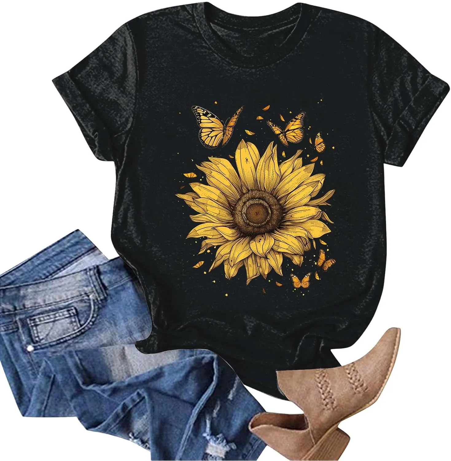 Womens Short Sleeve Round Neck Sunflower Graphic Printed Summer Tee Vintage T Shirt Casual Cotton Tops