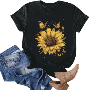 Womens Short Sleeve Round Neck Sunflower Graphic Printed Summer Tee Vintage T Shirt Casual Cotton Tops