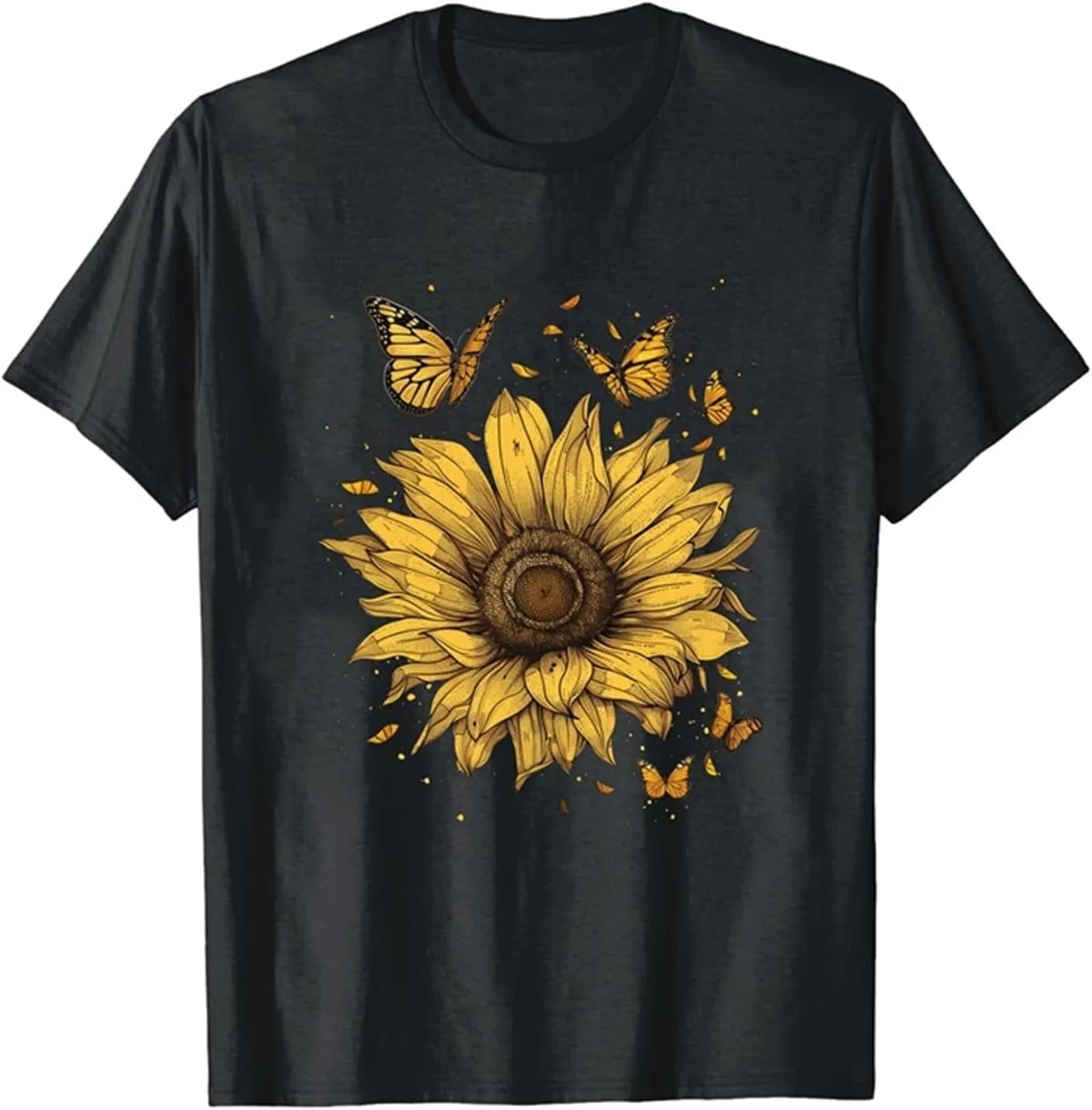 Womens Short Sleeve Round Neck Sunflower Graphic Printed Summer Tee Vintage T Shirt Casual Cotton Tops