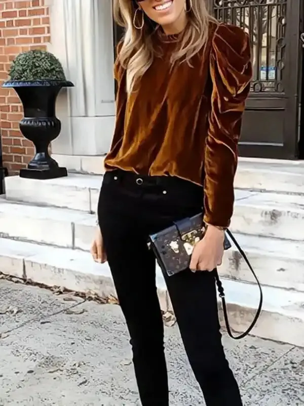 Women’s velvet puff long sleeve temperament top