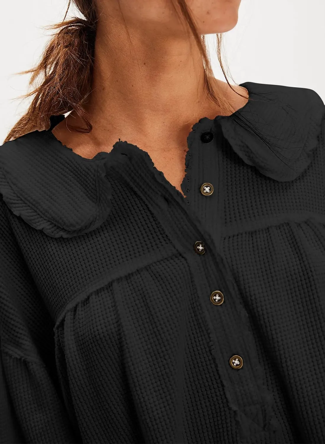 Women's Waffle Knit Tops Collared Solid Color Pullover Long Sleeve V Neck Solid Color Loose Tunic