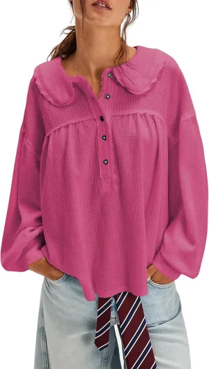 Women's Waffle Knit Tops Collared Solid Color Pullover Long Sleeve V Neck Solid Color Loose Tunic