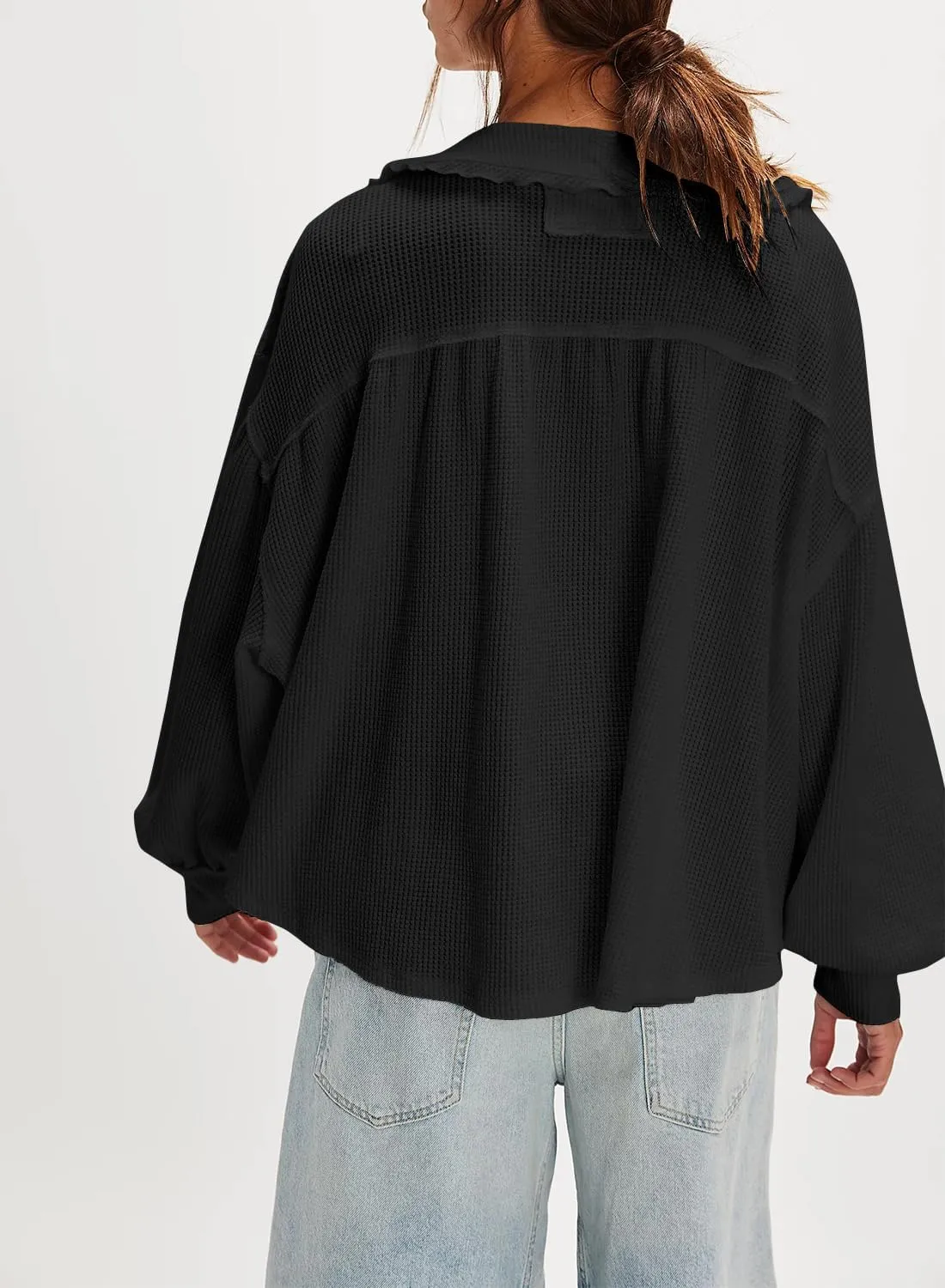 Women's Waffle Knit Tops Collared Solid Color Pullover Long Sleeve V Neck Solid Color Loose Tunic