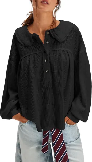 Women's Waffle Knit Tops Collared Solid Color Pullover Long Sleeve V Neck Solid Color Loose Tunic