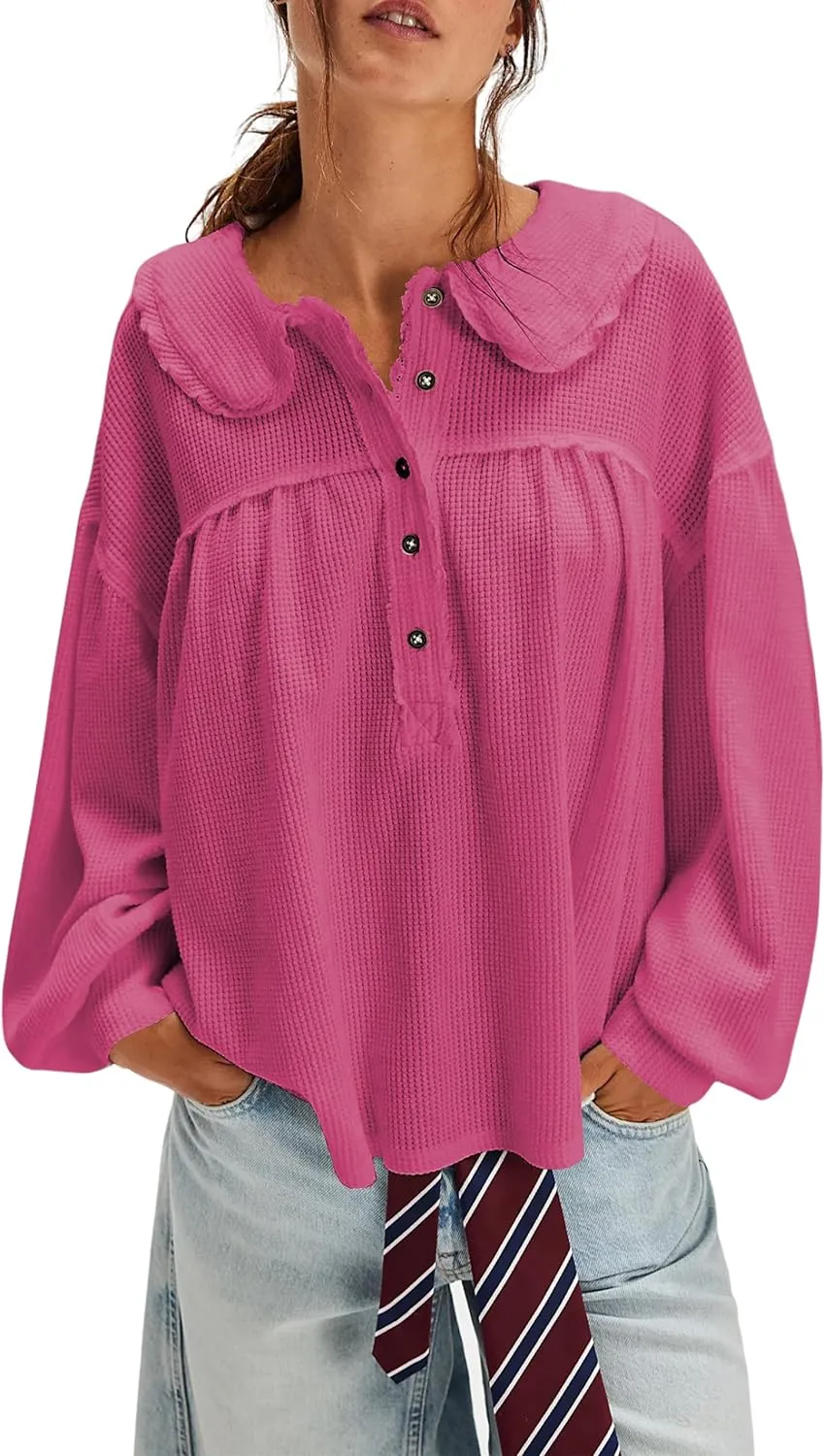 Women's Waffle Knit Tops Collared Solid Color Pullover Long Sleeve V Neck Solid Color Loose Tunic