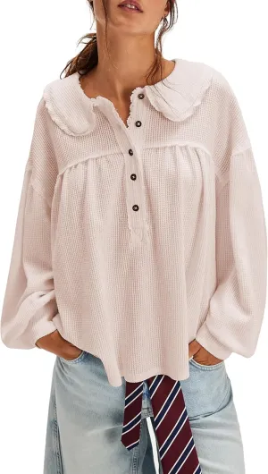 Women's Waffle Knit Tops Collared Solid Color Pullover Long Sleeve V Neck Solid Color Loose Tunic