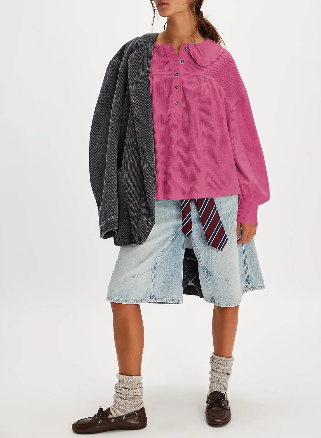 Women's Waffle Knit Tops Collared Solid Color Pullover Long Sleeve V Neck Solid Color Loose Tunic
