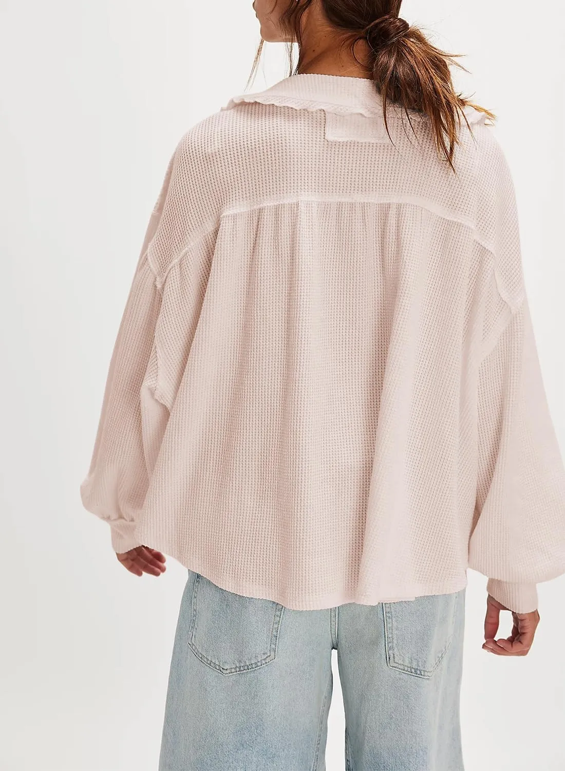 Women's Waffle Knit Tops Collared Solid Color Pullover Long Sleeve V Neck Solid Color Loose Tunic