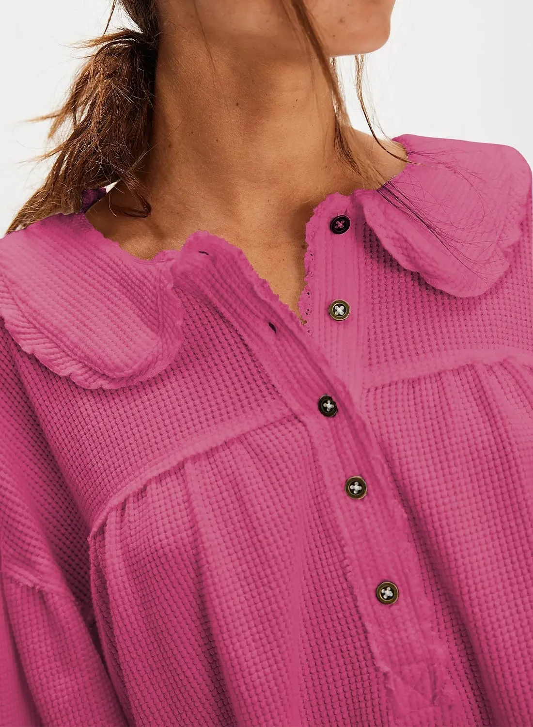 Women's Waffle Knit Tops Collared Solid Color Pullover Long Sleeve V Neck Solid Color Loose Tunic