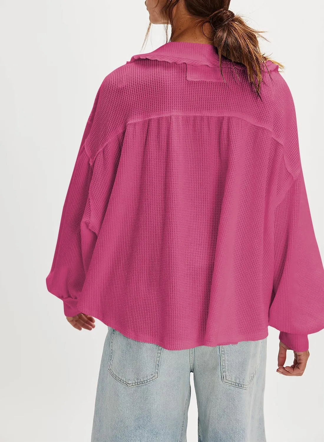 Women's Waffle Knit Tops Collared Solid Color Pullover Long Sleeve V Neck Solid Color Loose Tunic