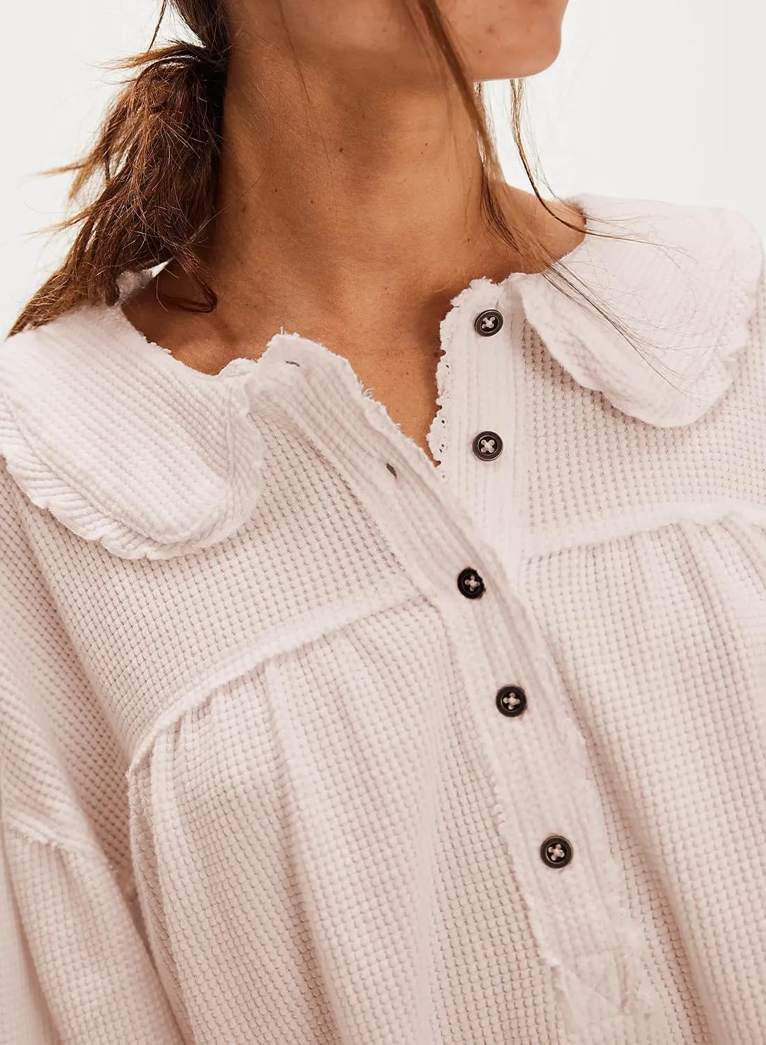 Women's Waffle Knit Tops Collared Solid Color Pullover Long Sleeve V Neck Solid Color Loose Tunic
