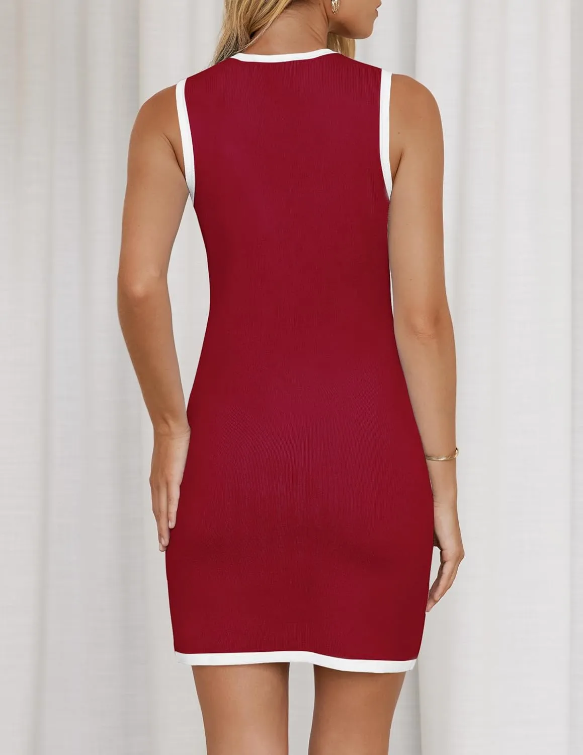 ZESICA Women's 2025 Summer Sleeveless Mini Dress Crewneck Button Knit Color Block Bodycon Party Short Dresses with Pockets